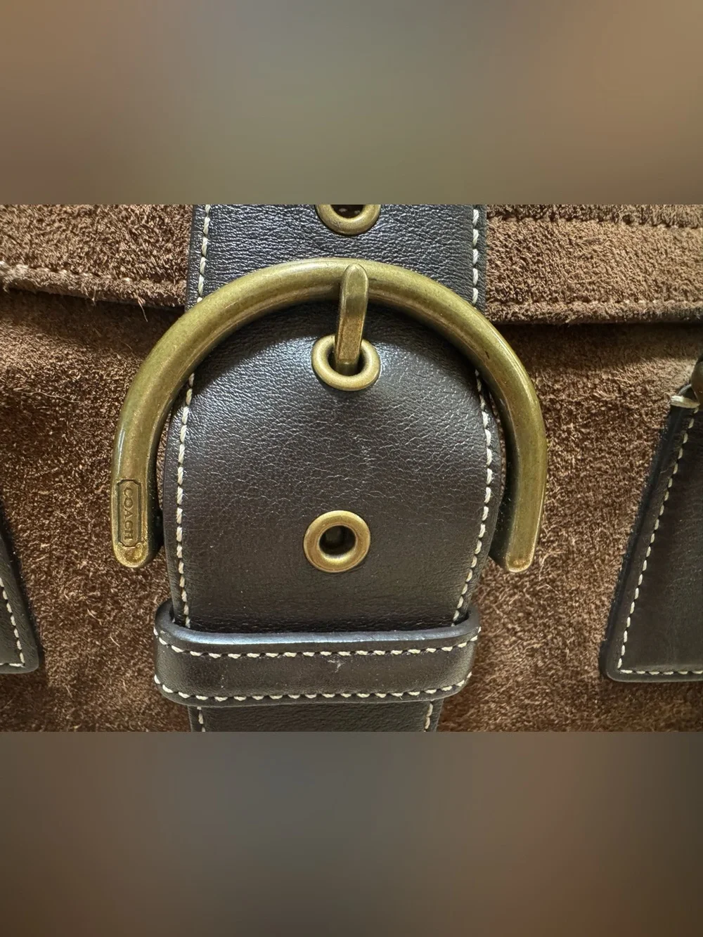 Coach Brown Suede Satchel with Dark Brown Leather Trim and Gold Hardware